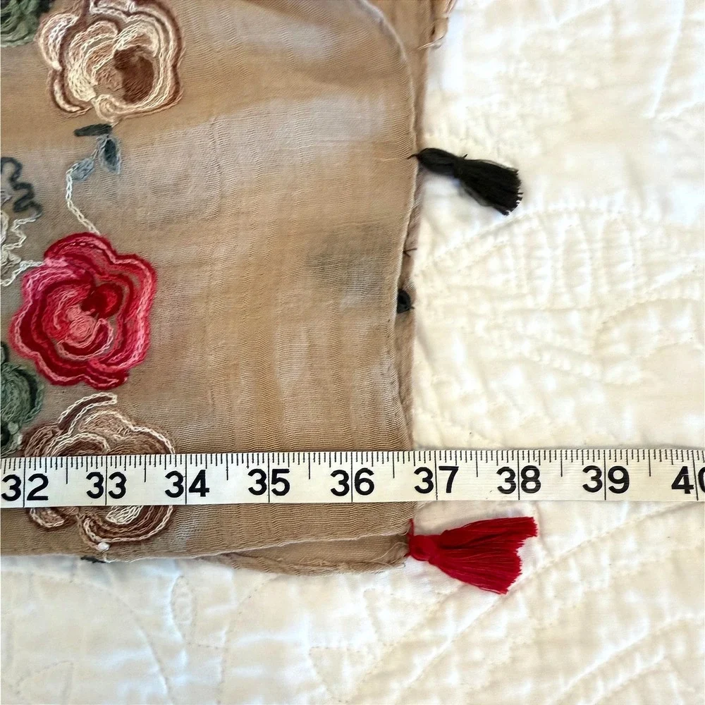 Tan Floral Embroidered Tassel Scarf Cotton Blend Rectangle Wrap Shawl